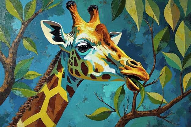 Giraffe Head Among Leaves Teal Background