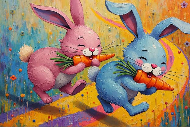 Pink Blue Bunnies Running Carrots Colorful