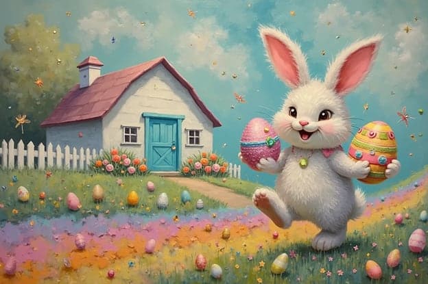 White Bunny Holding Eggs Cottage Teal Door