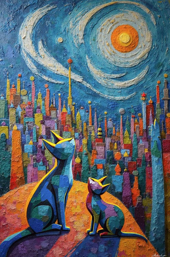 Two Cubist Cats Fantasy City Skyline Moons