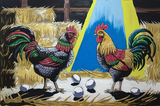Two Roosters Facing Off Spotlight Barn