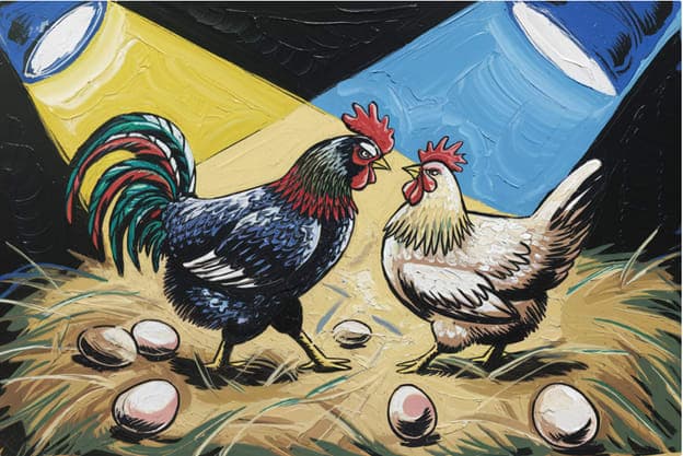 Rooster Hen Facing Off Dual Spotlight Eggs