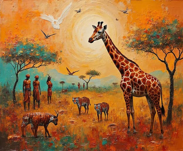 Giraffe Tigers Wildebeest Tribal Figures Savanna