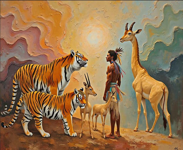 Tigers Antelope Giraffe Tribal Man Swirled Sky