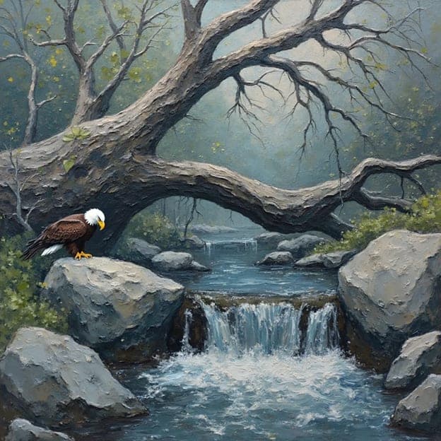 Bald Eagle Overhanging Branch Waterfall Stream