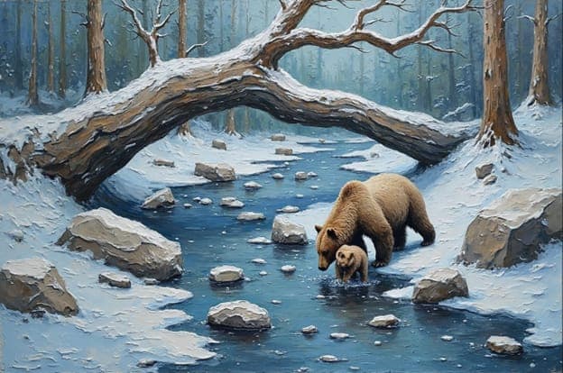 Bear Cub Crossing Rocky Stream Forest