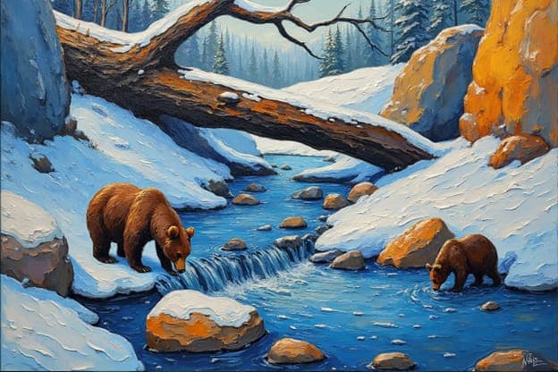 Two Bears Snowy Stream Orange Rocks Log