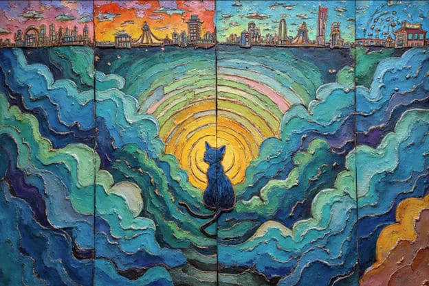 Blue Cat Silhouette Sunburst Ocean Cityscape