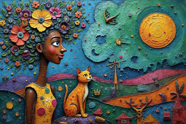 Textured Woman Flowers Orange Cat Moon Village