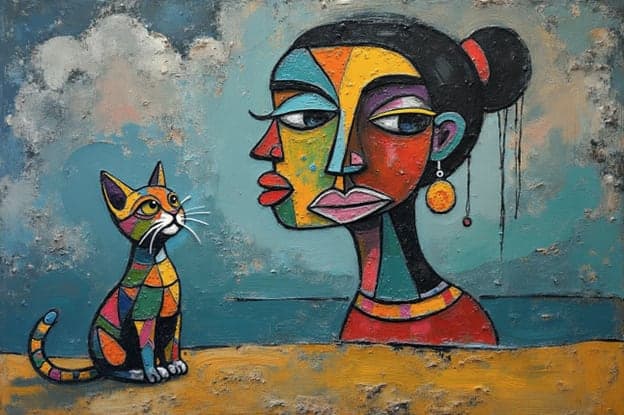 Cubist Woman Portrait Colorful Cat Profile