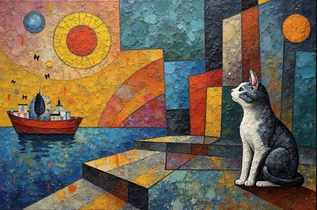 Geometric Cat Boat Harbor Cityscape