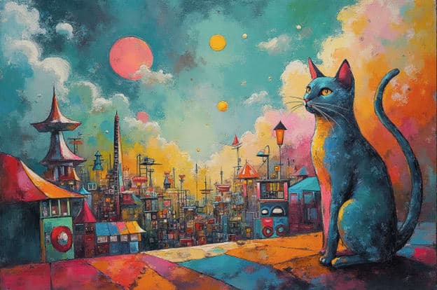 Blue Cat Rooftop Pagoda City Skyline Moons