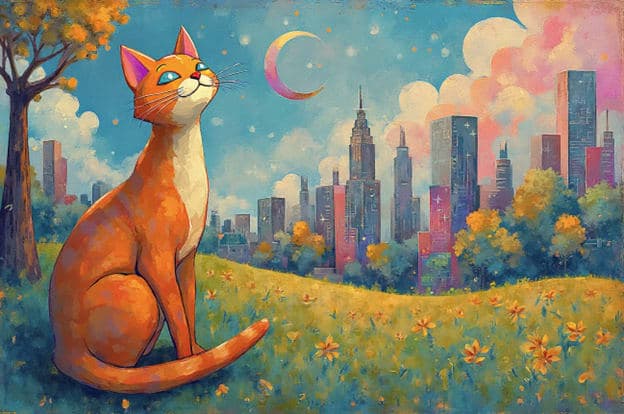 Orange Cat Park City Skyline Crescent Moon Flowers