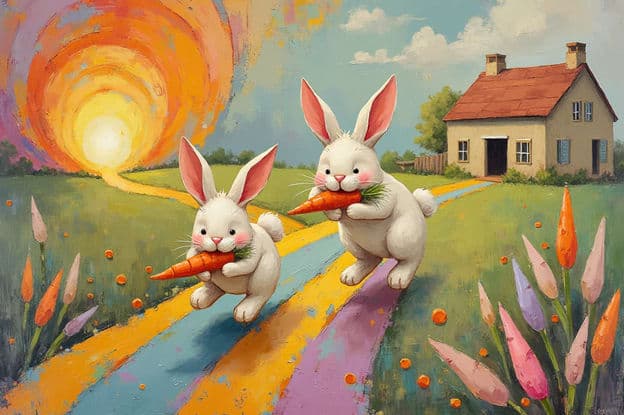 Two White Bunnies Carrying Carrots Sunburst Cottage
