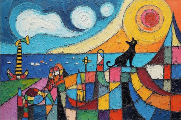 Cubist Black Cat Sailboat Harbor Geometric