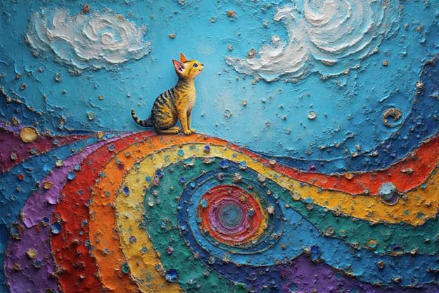 Textured Tabby Cat Rainbow Swirl Clouds