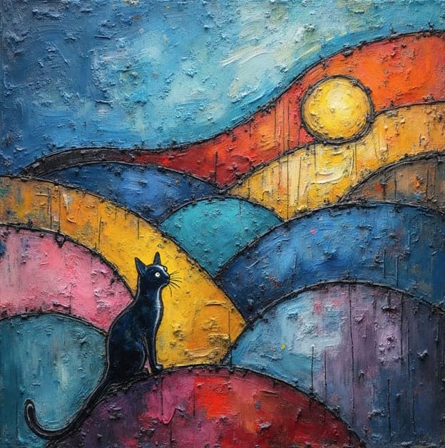 Textured Black Cat Rolling Hills Sun Colorful