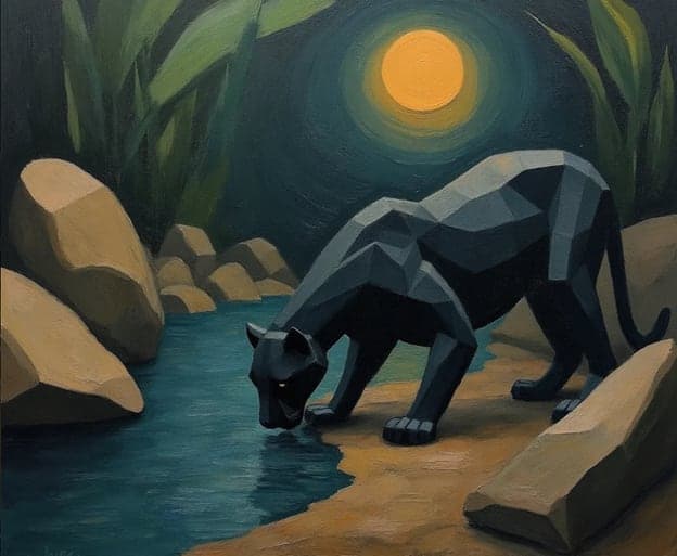 Geometric Black Panther Drinking Moonlit Stream