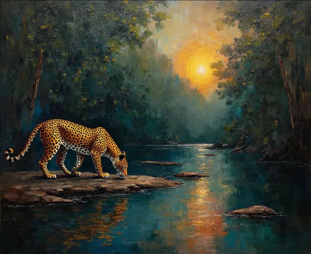 Leopard Drinking Sunset River Reflection Forest