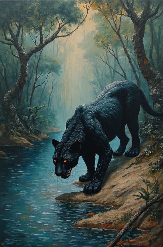 Black Panther Orange Eyes Misty Forest Stream