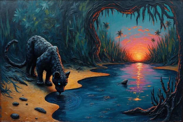 Black Panther Drinking Stream Jungle Sunset Archway