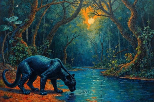 Blue Black Panther Drinking Arched Jungle Canopy