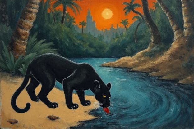 Black Panther Drinking Tropical River City Sunset