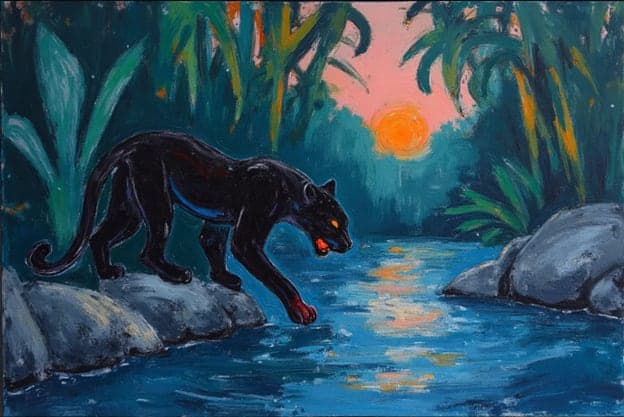 Black Panther Drinking Rocky Riverbank Pink Sunset