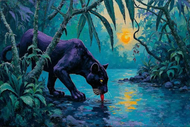 Purple Black Panther Drinking Jungle Canopy Sun