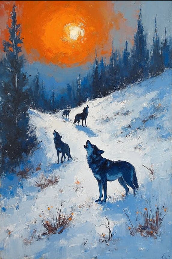 Four Wolves Howling Snowy Hillside Orange Moon