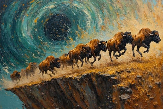 Bison Herd Running Cliff Edge Teal Vortex