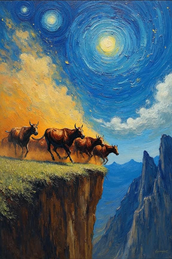 Cattle Herd Running Cliff Starry Swirl Mountains