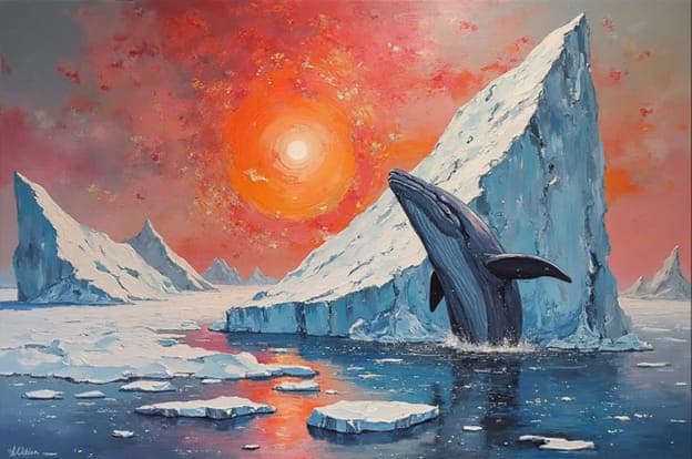 Humpback Whale Breaching Iceberg Red Sunset