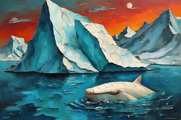 White Whale Surfacing Iceberg Red Sky Moon