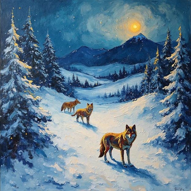 Three Wolves Snowy Mountain Valley Moon Pines