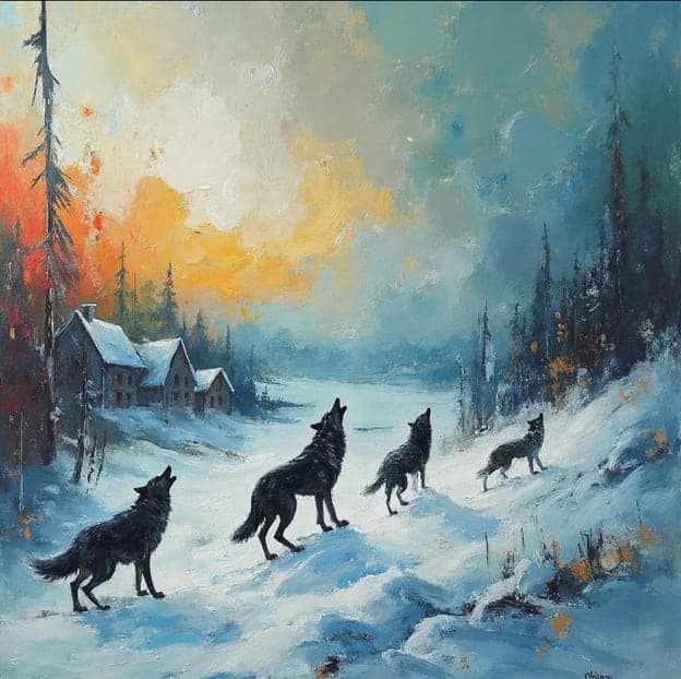 Four Wolves Howling Cottage Snowy Orange Sky