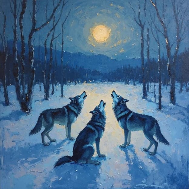 Three Wolves Howling Blue Moonlit Snowy Forest