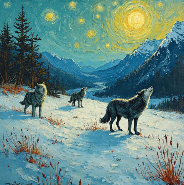 Three Wolves Howling Starry Mountain Valley River