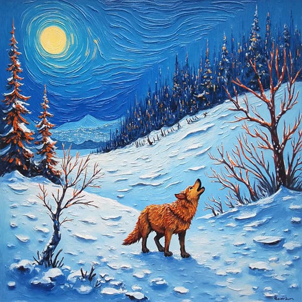 Orange Wolf Howling Starry Moon Snowy Hillside