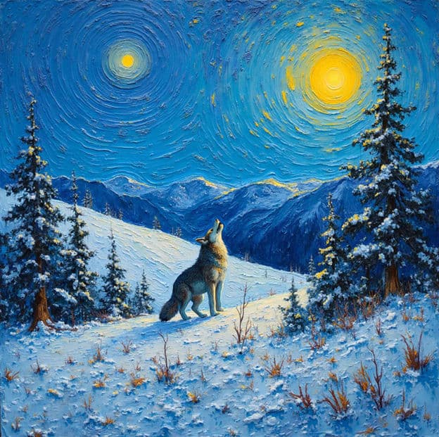 Lone Wolf Howling Dual Suns Snowy Mountain Valley