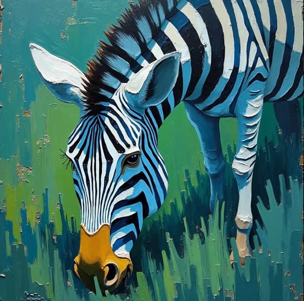 Zebra Head Closeup Grazing Green Impasto Orange Nose