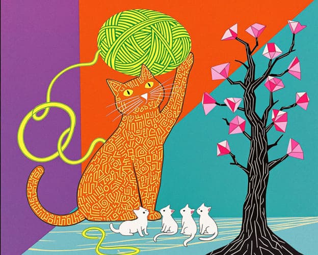 Graphic Orange Cat Yarn Ball Kittens Blossom Tree