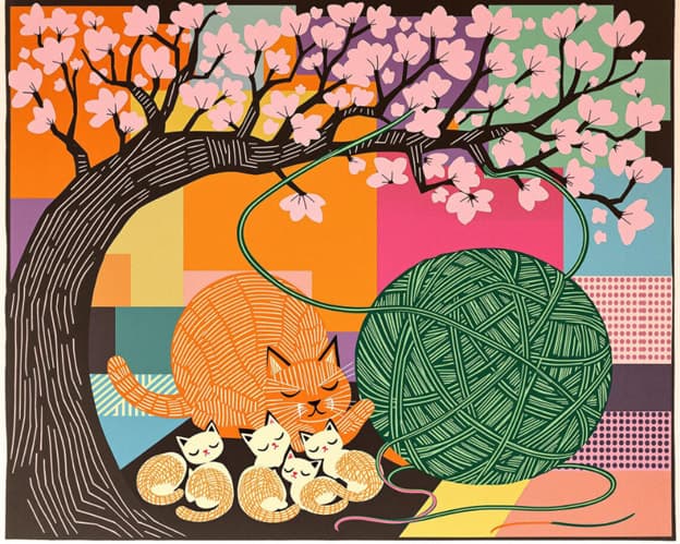 Graphic Orange Cat Kittens Yarn Cherry Blossom Colorblock