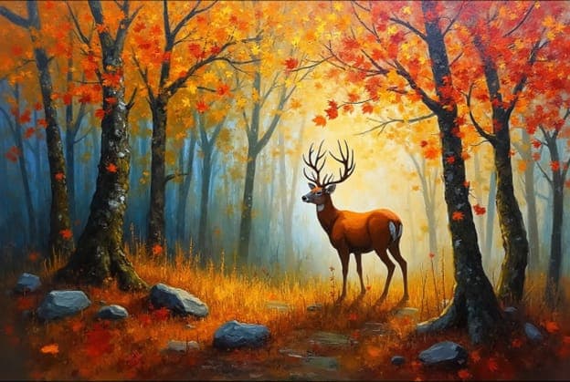 Deer Buck Standing Autumn Forest Rocks Leaves