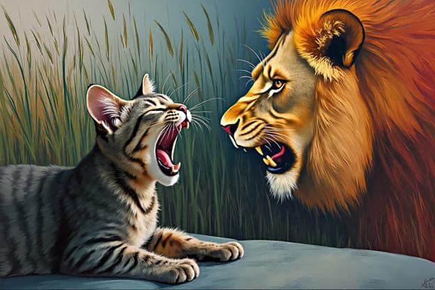 Tabby Kitten Roaring Face To Face Lion Grass