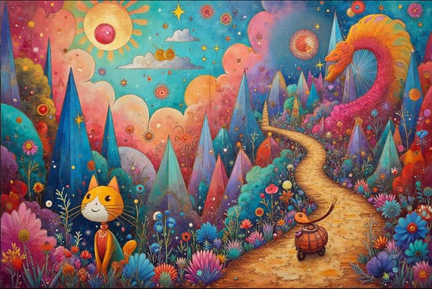 Whimsical Orange Cat Turtle Dragon Forest Path