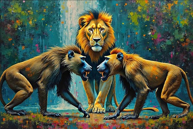 Lion Two Baboons Face Off Forest