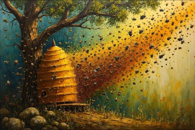Swarming Bees Beehive Tree Golden Light