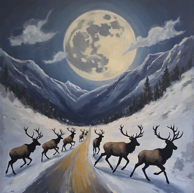Elk Herd Crossing Road Full Moon Mountains