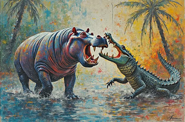 Hippo Crocodile Standoff Palm Trees Splashing